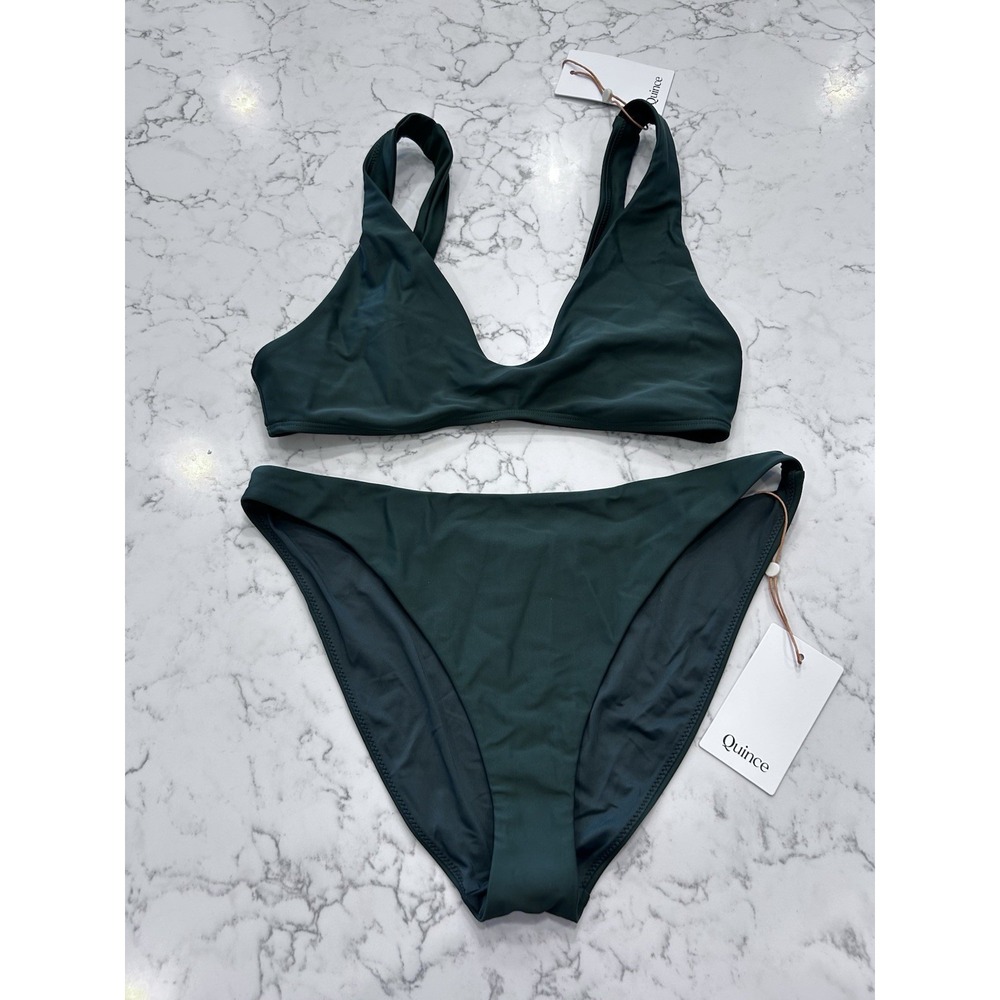 NWT Quince Palm Green Italian Plunge Bikini Top & Low Rise Bottoms Size Medium